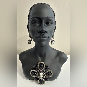 Vintage Black Cameo Brooch and Earring Set – Perfect Condition